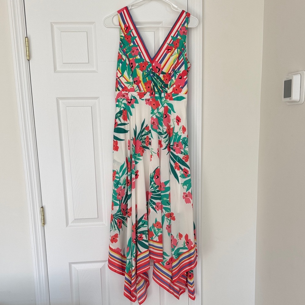 Vince Camuto Floral Multicolor Asymmetrical Handkerchief Hem Dress